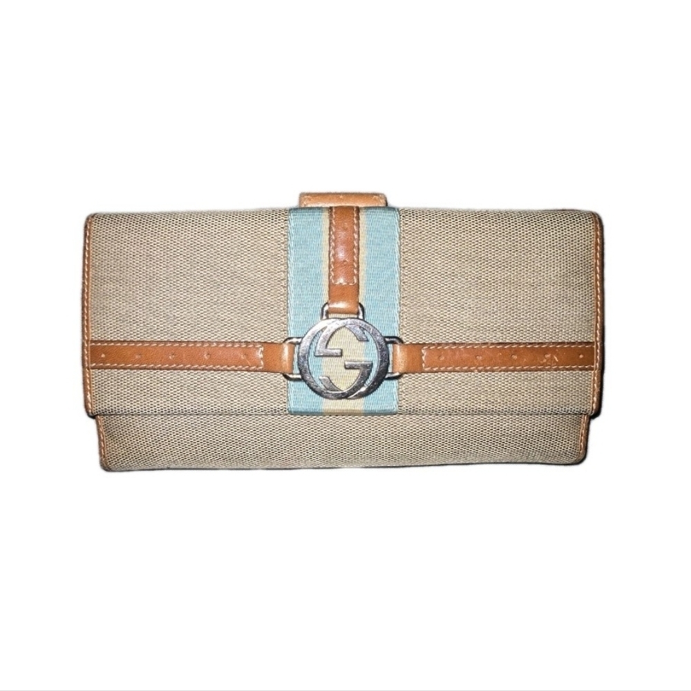 RARE Authentic Gucci Amalfi Beige and Brown Cloth Wallet with Silver Accent EUC